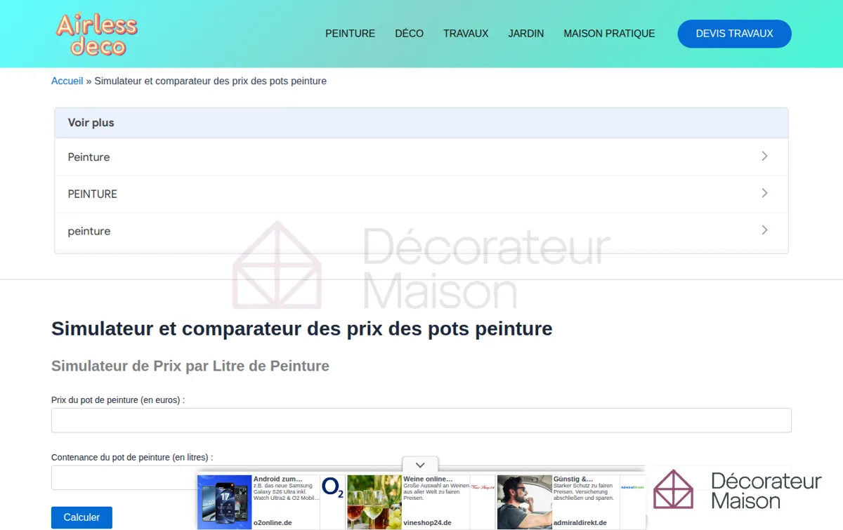 Capture : Simulateur et comparateur des prix des pots peinture - airlessdeco